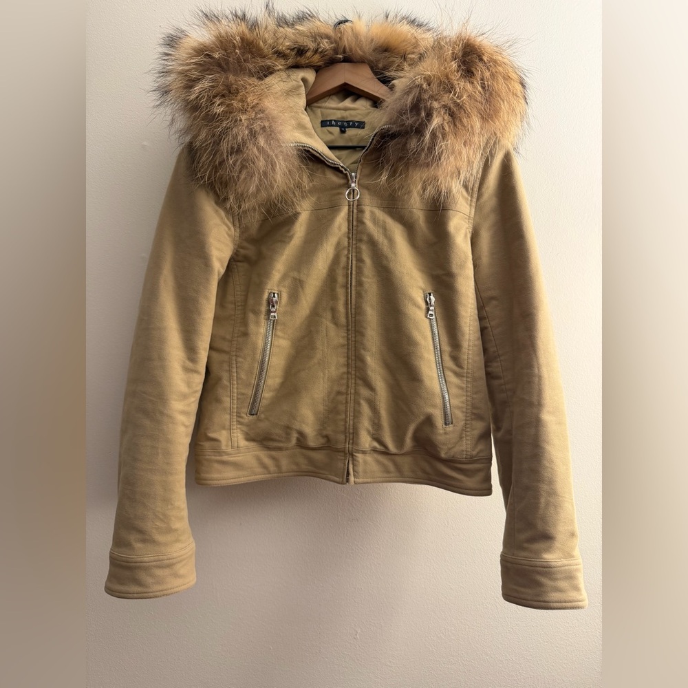 Theory cotton jacket full zip removable fur hooded S